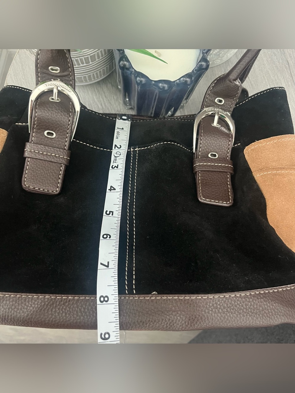 Tignanello Black Suede & Brown Trim Tote Bag Silver Buckle Accents - Picture 12 of 13